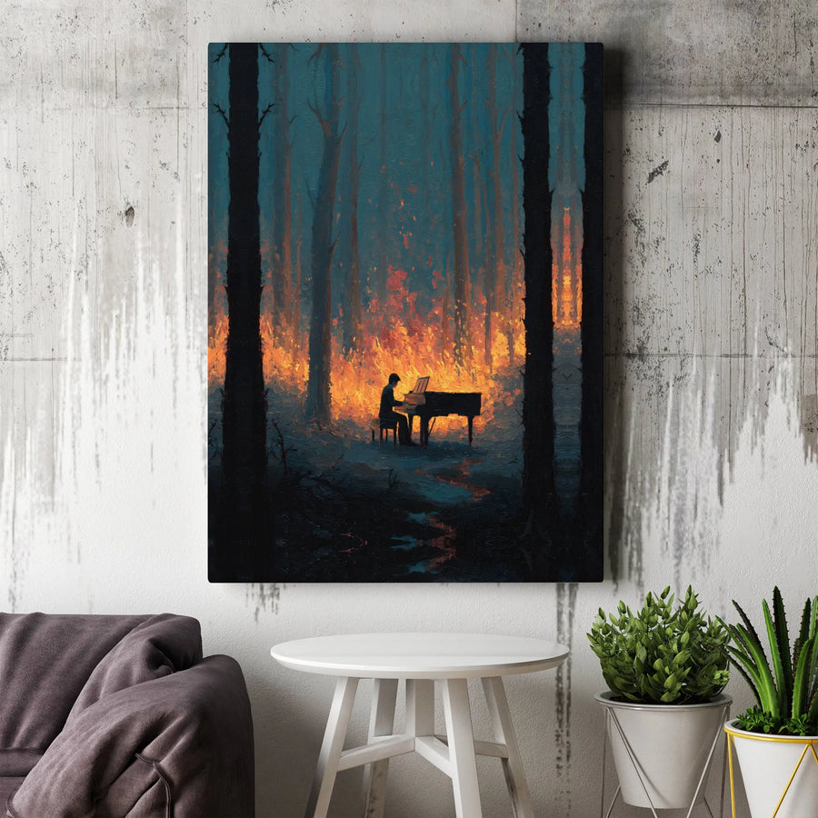 Surreal Forest Fire Canvas Print | Pianist in Burning Woods Painting | Premium High-Resolution Art | Moody Office Decor Gift for Musician