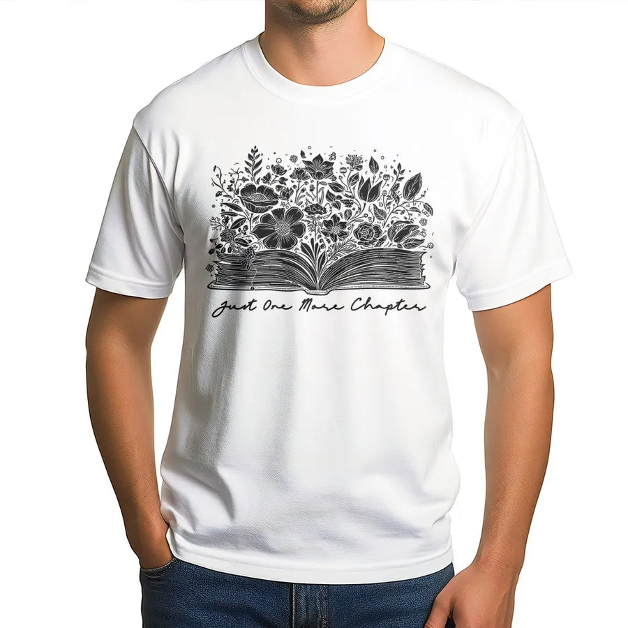Just One More Chapter Book T-Shirt | Floral Open Book Reading Graphic | 100% Cotton Premium Tee | Gift for Book Lovers and Librarians