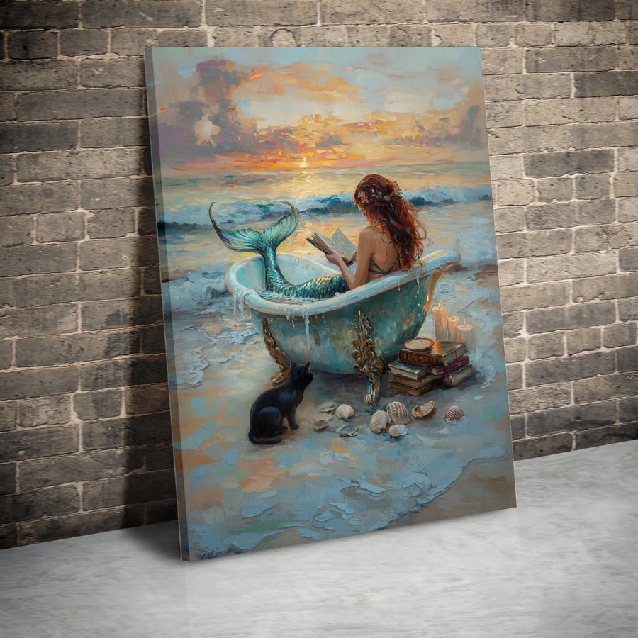 Mermaid Reading in Bathtub Canvas Art | Whimsical Ocean Sunset Decor | Premium Gallery-Wrapped Print | Gift for Book Lovers and Fantasy Fans
