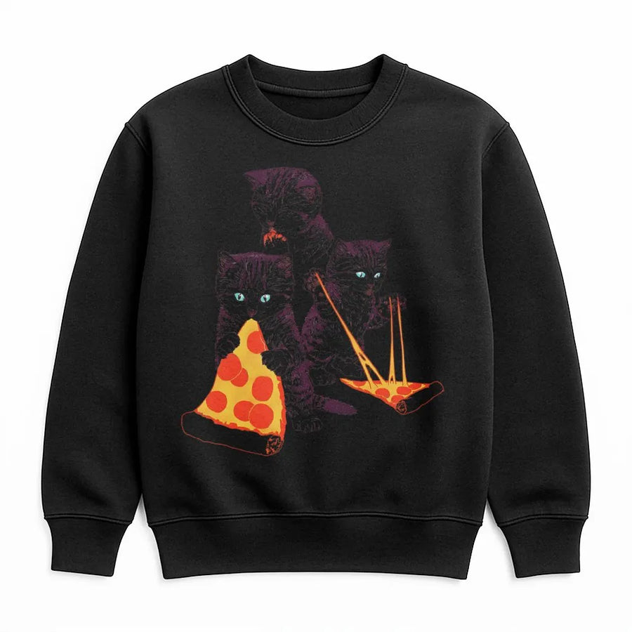 Pizza Cat Sweatshirt | Funny Kitten Eating Pizza Graphic | Premium Cotton Blend Crewneck | Cute Animal Lover Gift For Men And Women