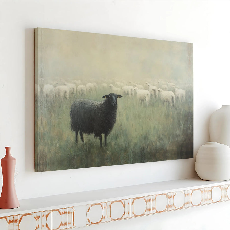 Black Sheep In Flock Wall Art | Moody Farmhouse Aesthetic Canvas Print | Premium Gallery Wrap Decor | Unique Gift For Individualists