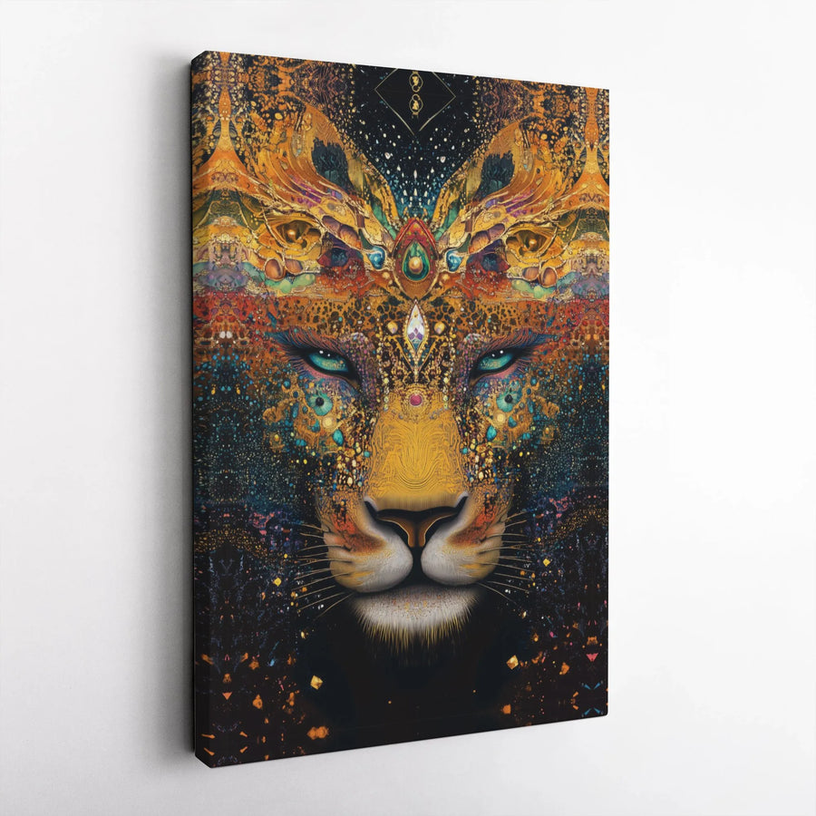 Psychedelic Lioness Canvas Wall Art | Cosmic Jeweled Headdress Print | Premium Gallery Wrapped Decor | Spiritual Animal Home Gift