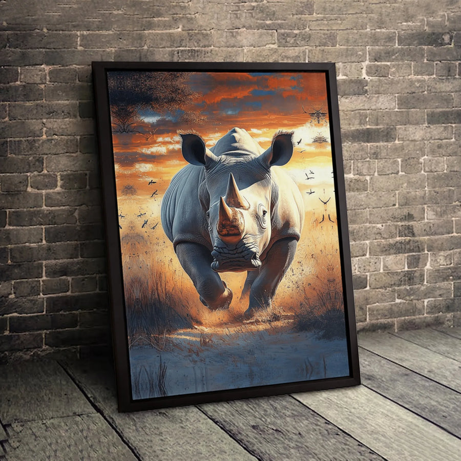 Charging Rhino Canvas Wall Art | Dramatic African Savanna Sunset | Premium Fade-Resistant Gallery Print | Wildlife Home Decor Gift