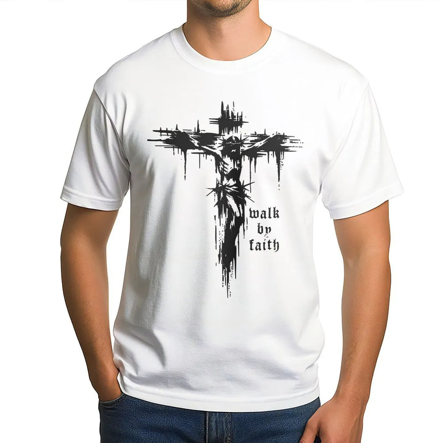 Christian Cross T-Shirt | Walk by Faith Grunge Graphic Sweatshirt | Premium Cotton-Blend | Religious Gift for Men and Women