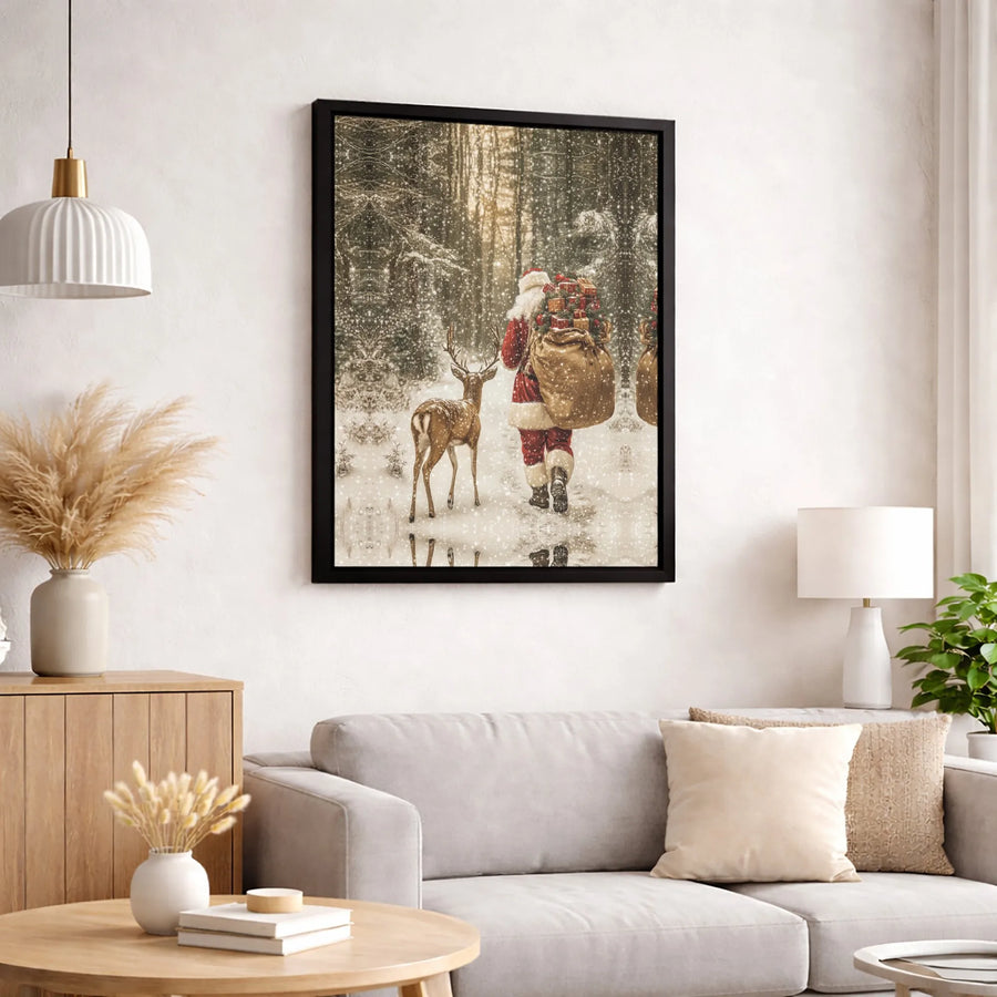 Santa Claus With Reindeer Canvas Wall Art | Snowy Forest Winter Wonderland Scene | Premium Gallery Wrap Print | Christmas Holiday Home Decor Gift