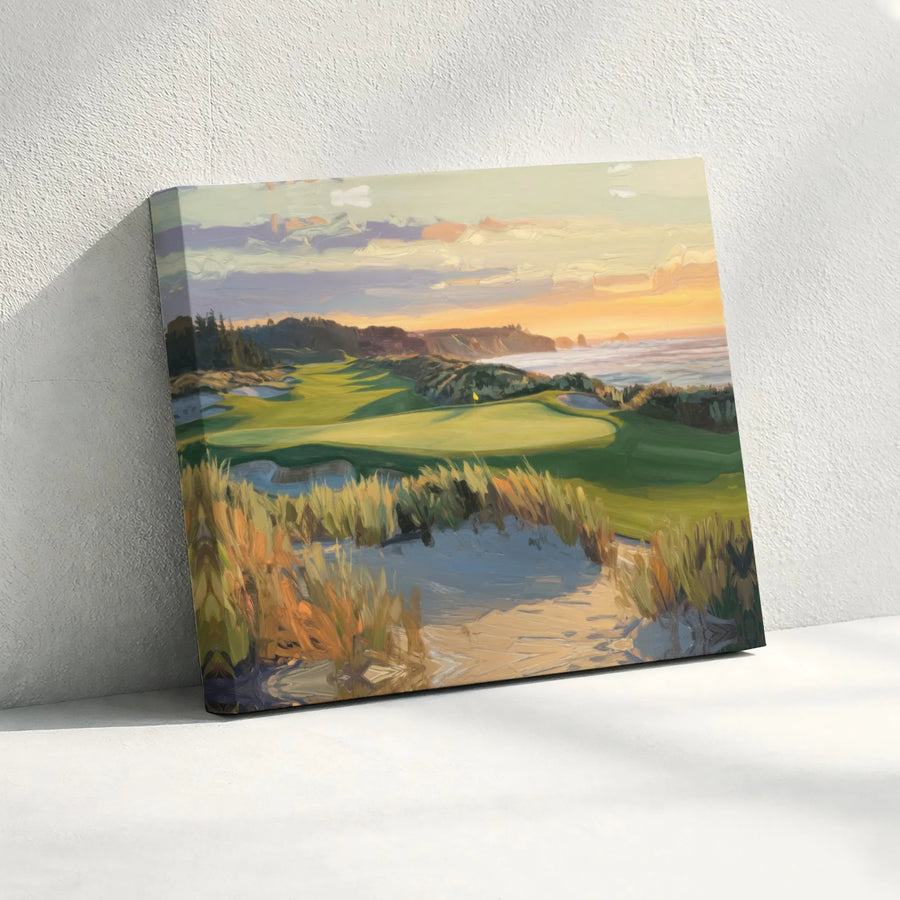 Coastal Golf Course Canvas Wall Art | Impressionist Sunset Landscape Painting | Premium Gallery-Wrapped Print | Golf Lover Gift For Office Decor