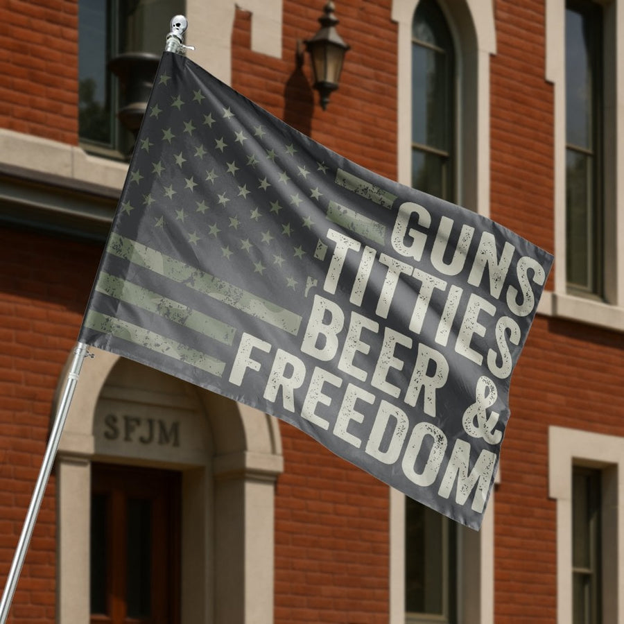 Guns, Titties, Beer & Freedom Flag | Tactical Camo 2nd Amendment Decor | Weather-Resistant Polyester | Man Cave & Outdoor Garden Gift