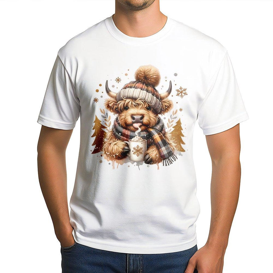 Highland Cow Christmas T-Shirt | Cozy Winter Scarf & Cocoa Graphic | Premium 100% Cotton Tee | Cute Animal Lover Holiday Gift