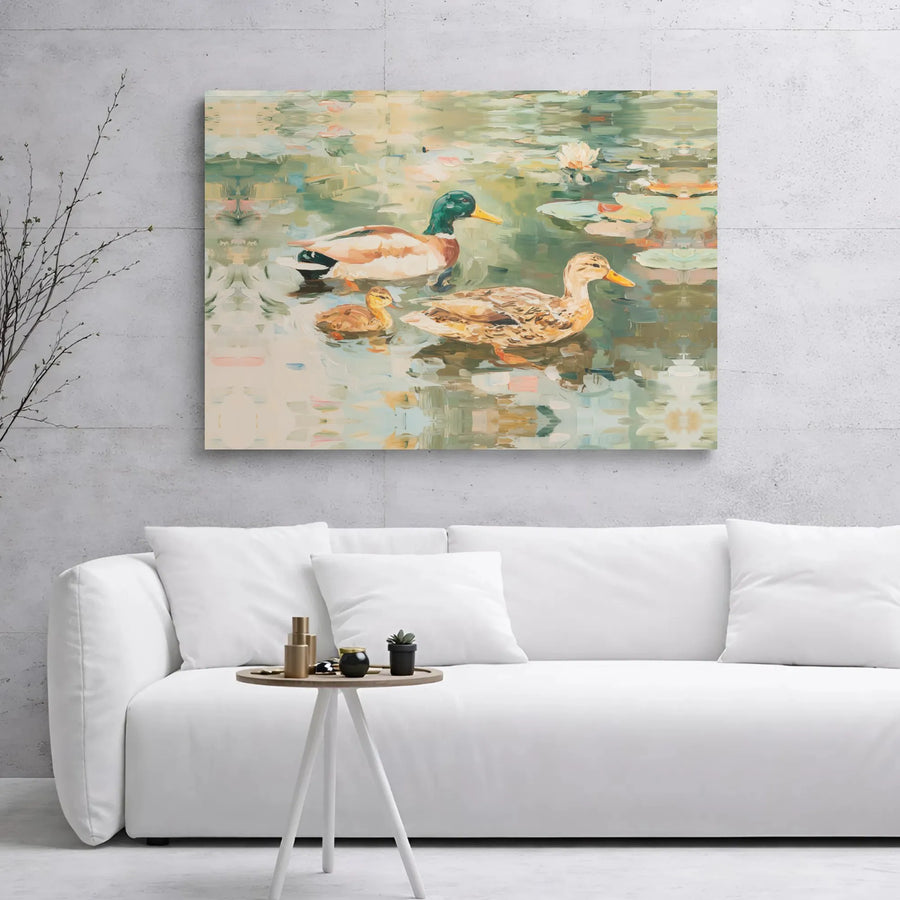 Mallard Duck Family Canvas Wall Art | Impressionist Pond Painting | Premium Gallery Wrapped Decor | Nature Lover Living Room Gift
