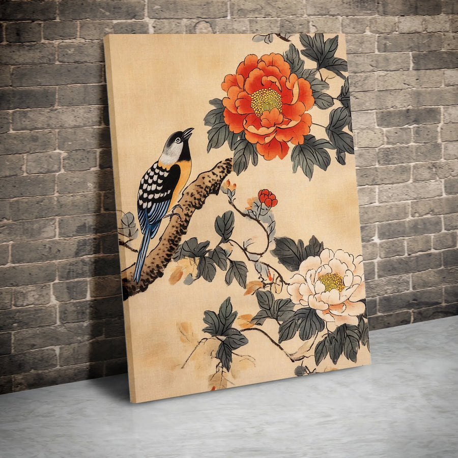 Vintage Japanese Bird and Flower Vertical Canvas | Traditional Ukiyo-e Peony Painting | Premium Frameless Gallery Print | Collector's Home Decor Gift