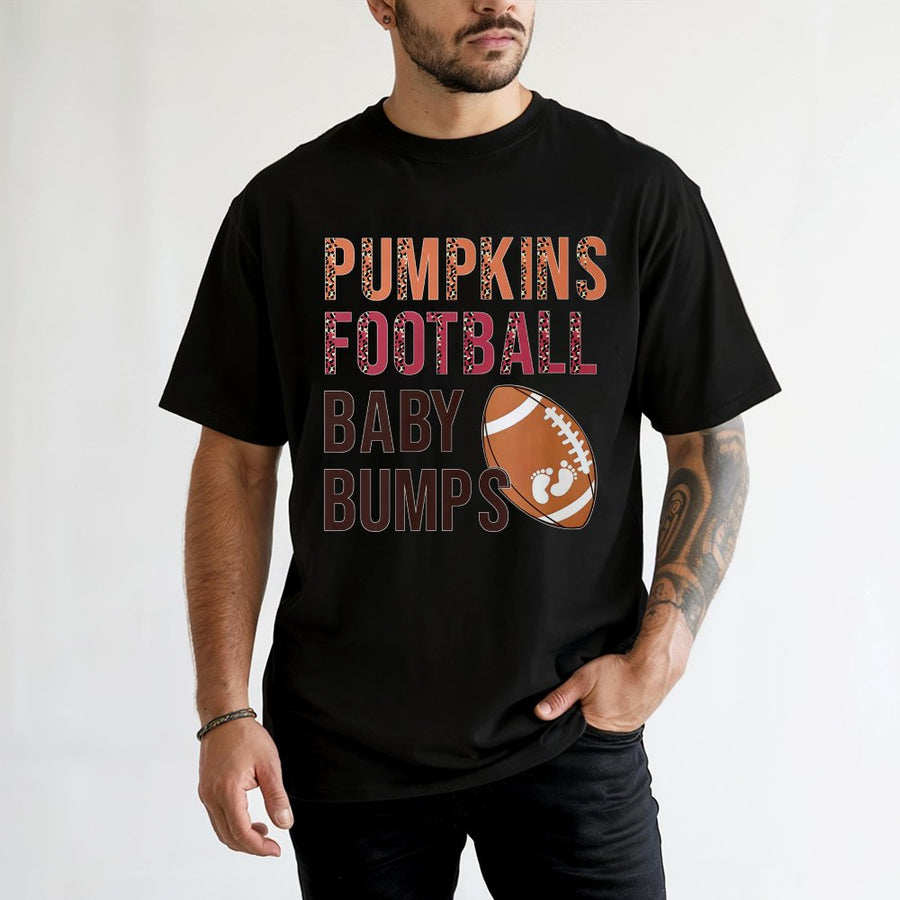 Pumpkins Football Baby Bumps Shirt | Fall Pregnancy Announcement Graphic | 100% Premium Cotton Tee | Cute Thanksgiving Baby Reveal Gift for Mom