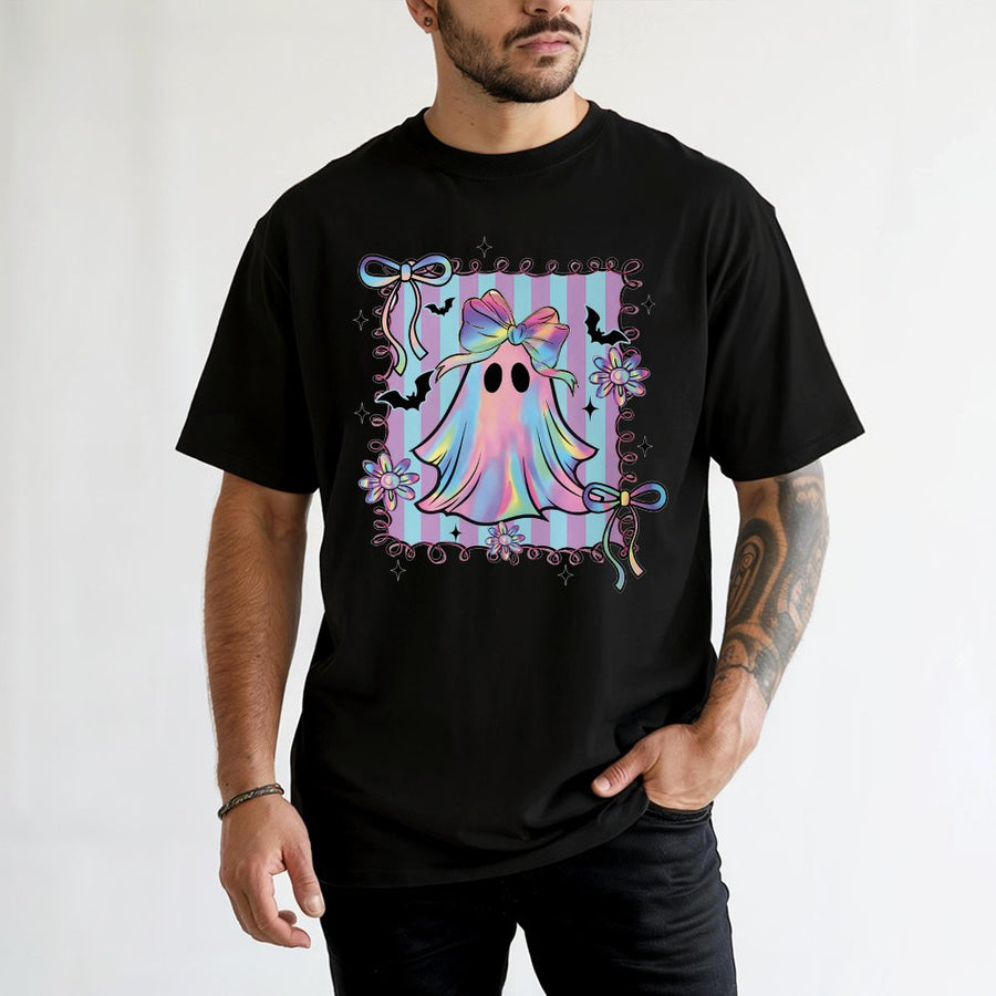 Preppy Halloween Ghost T-Shirt | Iridescent Bow Aesthetic Graphic | 100% Cotton Premium Tee | Cute Coquette Spooky Season Gift for Women