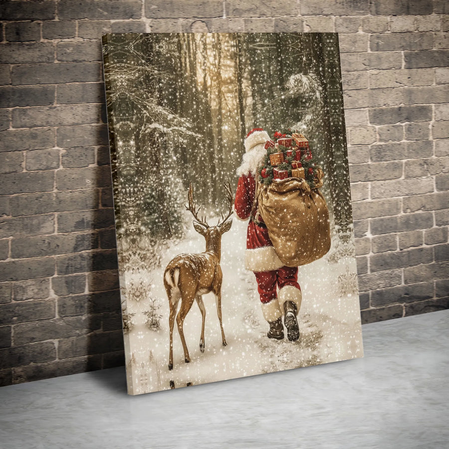 Santa Claus and Reindeer Canvas Wall Art | Snowy Winter Forest Christmas Decor | 1.25-Inch Gallery Wrap | Holiday Home Gift