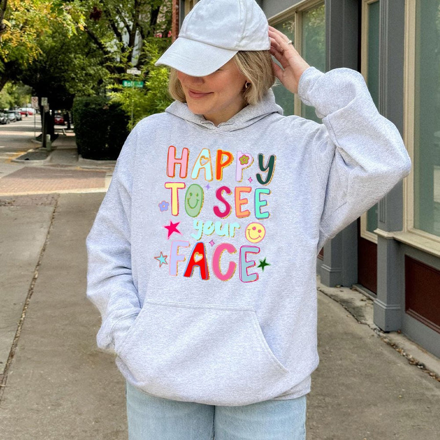 Happy To See Your Face Hoodie | Retro Smiley Graphic Sweatshirt | Premium Cotton Blend | Positive Vibe Aesthetic Gift for Women and Men