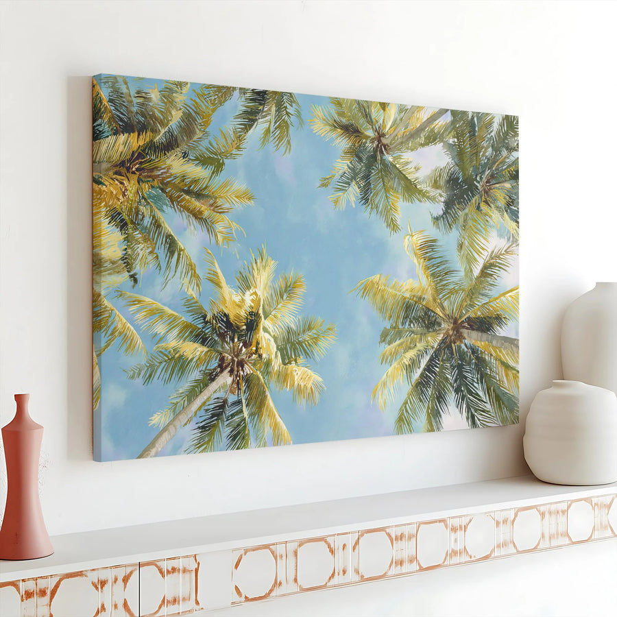 Palm Tree Canvas Wall Art | Vintage Tropical Print Looking Up at Palms | Premium Gallery Wrap Canvas | Coastal Home Decor Gift for Beach House