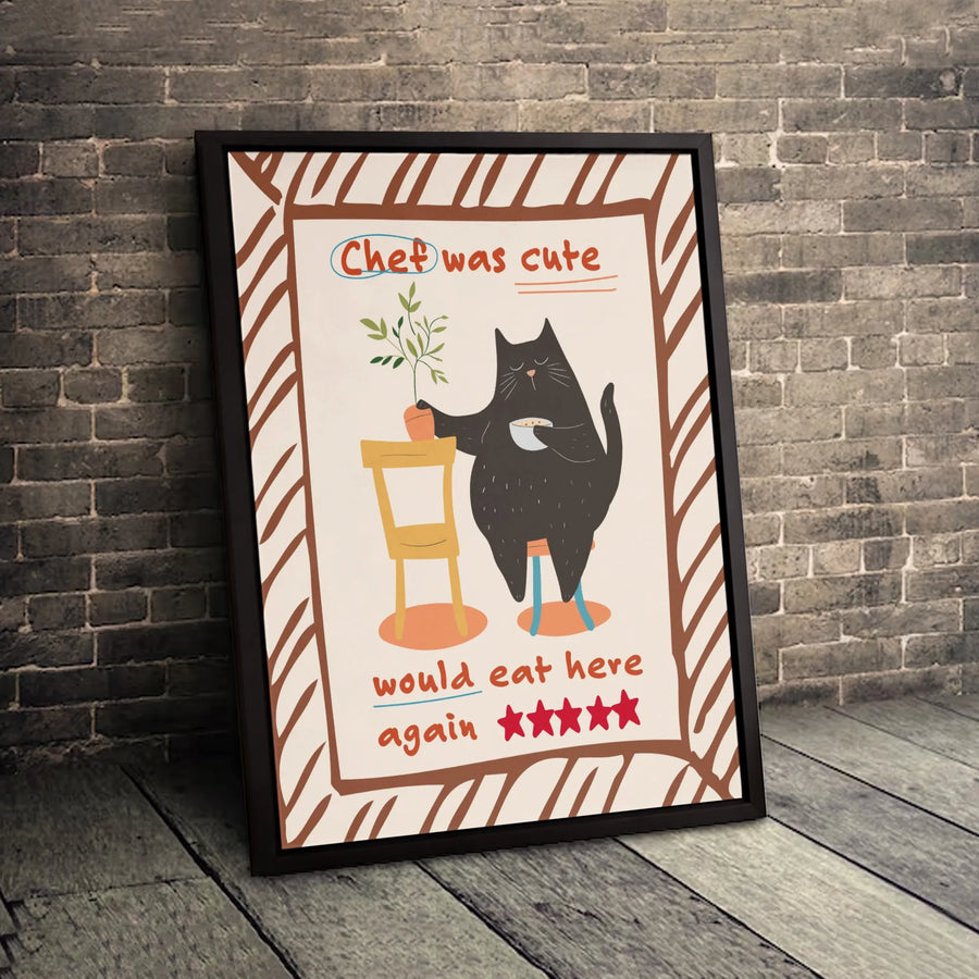 Black Cat Kitchen Wall Art | Chef Was Cute 5 Star Review Print | Premium Gallery Wrap Canvas | Funny Cat Lover Home Decor Gift