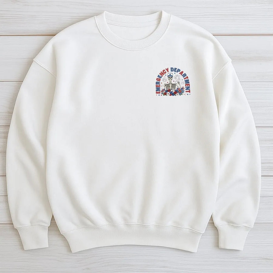 Emergency Department Sweatshirt | Patriotic Skeleton Graphic | Soft Cotton Blend | Premium Gift for ER Nurse or Doctor