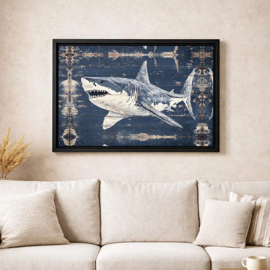 Great White Shark Wall Art | Distressed Nautical Navy Blue Wood Design | Premium Gallery-Wrapped Canvas | Coastal Home Decor Gift for Ocean Lovers