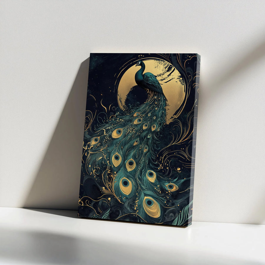 Elegant Peacock Vertical Canvas | Abstract Gold & Teal Feather Art | Premium Gallery Wrapped Print | Modern Living Room Wall Decor Gift