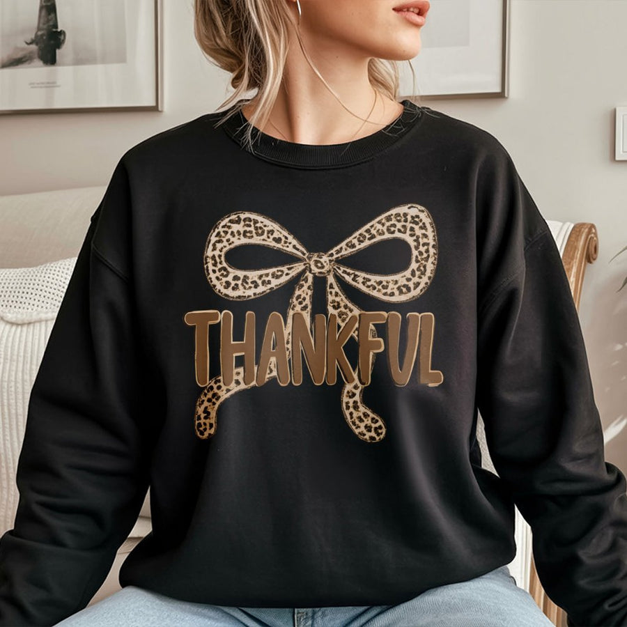 Thankful Leopard Bow Sweatshirt | Trendy Fall Graphic Pullover | Premium Cotton Blend Cozy Crewneck | Cute Thanksgiving Gift for Women