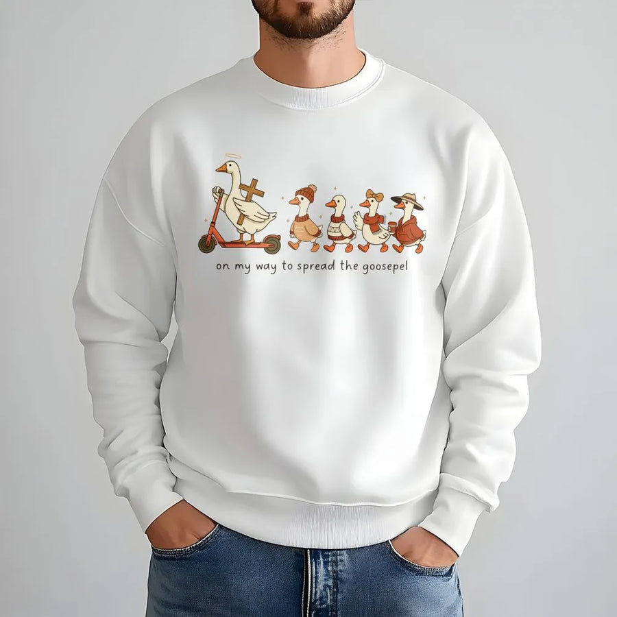 Spread The Goosepel Sweatshirt | Funny Christian Goose Graphic | Premium Cotton-Poly Blend | Cute Religious Pun Gift For Women And Men