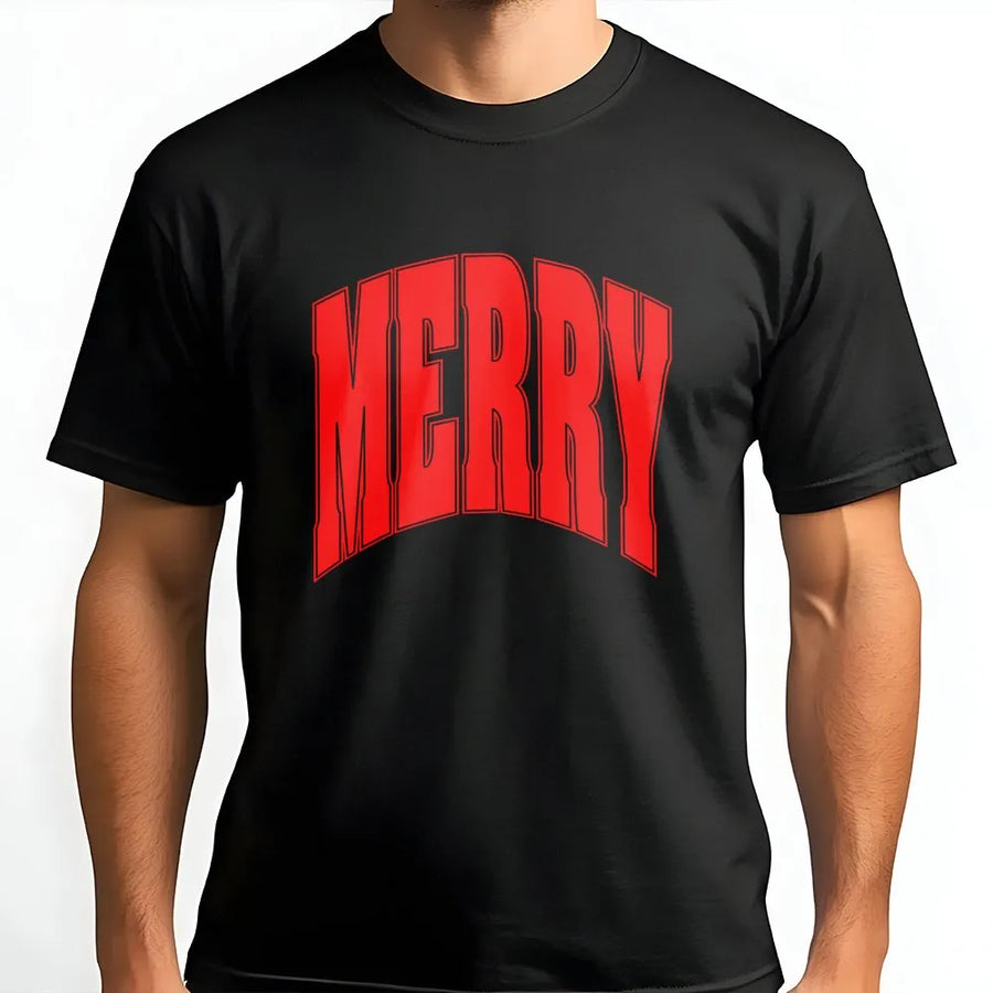 Merry Christmas T-Shirt | Retro Varsity Arch Graphic | Premium Soft Cotton | Holiday Gift for Women and Men