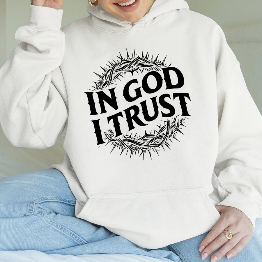 In God I Trust Christian Hoodie | Crown of Thorns Graphic Design | Premium Cotton Blend | Faith-Based Apparel Gift for Men and Women