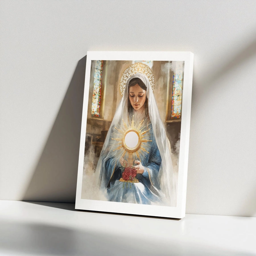 Virgin Mary Canvas Art | Blessed Mother Holding Monstrance With Roses | Premium 1.25" Gallery Wrap | Catholic Home Decor Gift