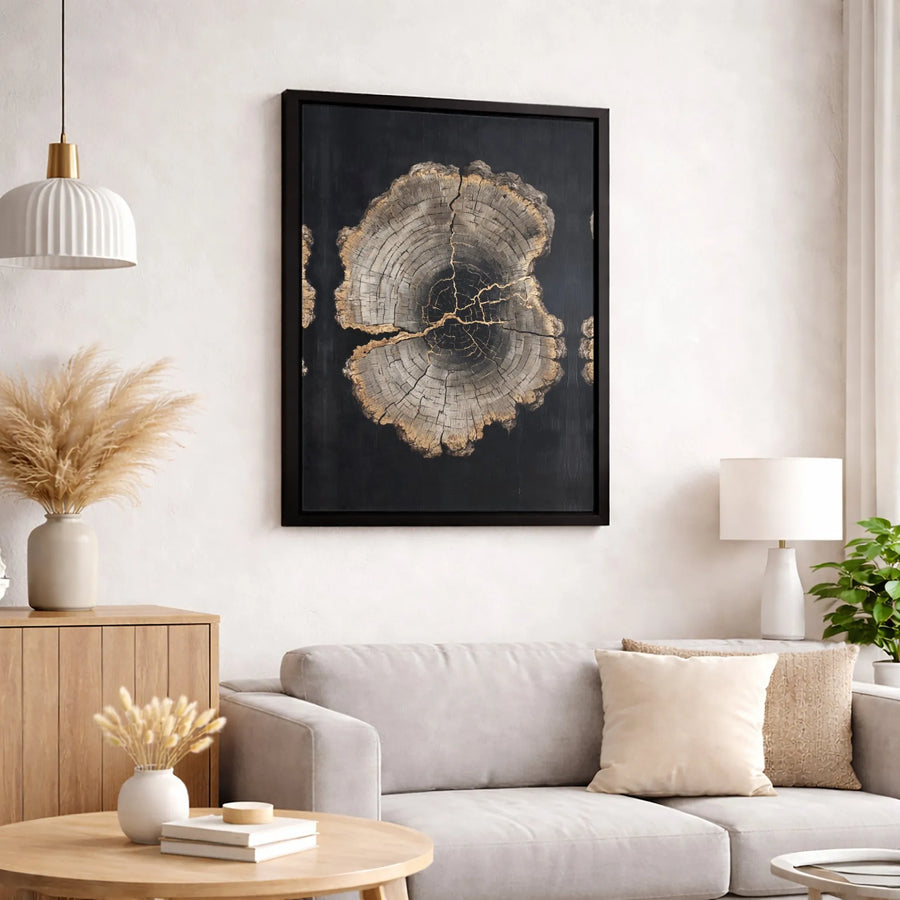 Tree Ring Canvas Wall Art | Golden Kintsugi Style Wood Slice | Premium 1.25 Inch Gallery Wrap | Modern Home Decor Gift
