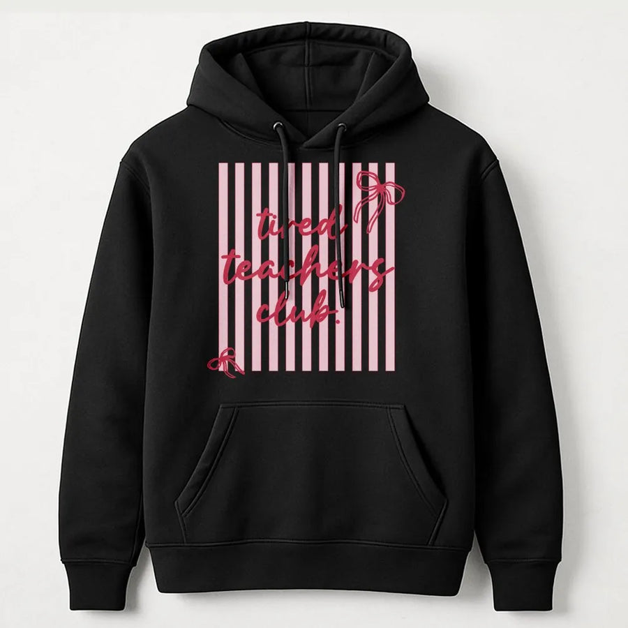 Tired Teachers Club Hoodie | Retro Striped Preppy Graphic | Soft Cotton Blend Sweatshirt | Funny Appreciation Gift for Teachers