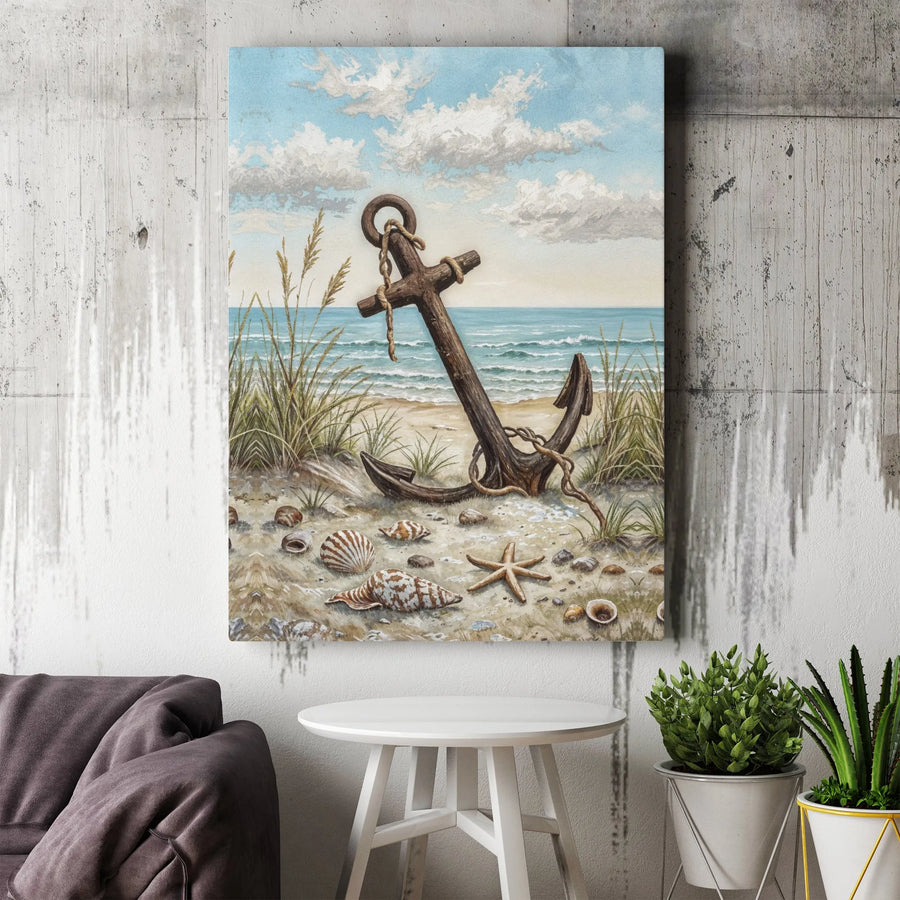 Coastal Anchor Canvas Wall Art | Rustic Beach Seascape with Seashells | Premium 1.25" Gallery Wrap | Relaxing Nautical Home Decor for Beach House