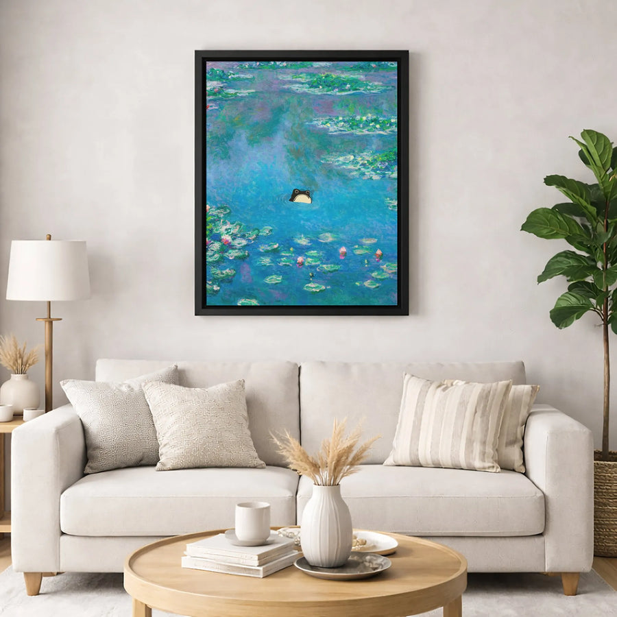 Funny Frog Wall Art | Impressionist Water Lilies Pond Canvas | Premium Gallery Wrap Print | Whimsical Nature Decor For Home Office