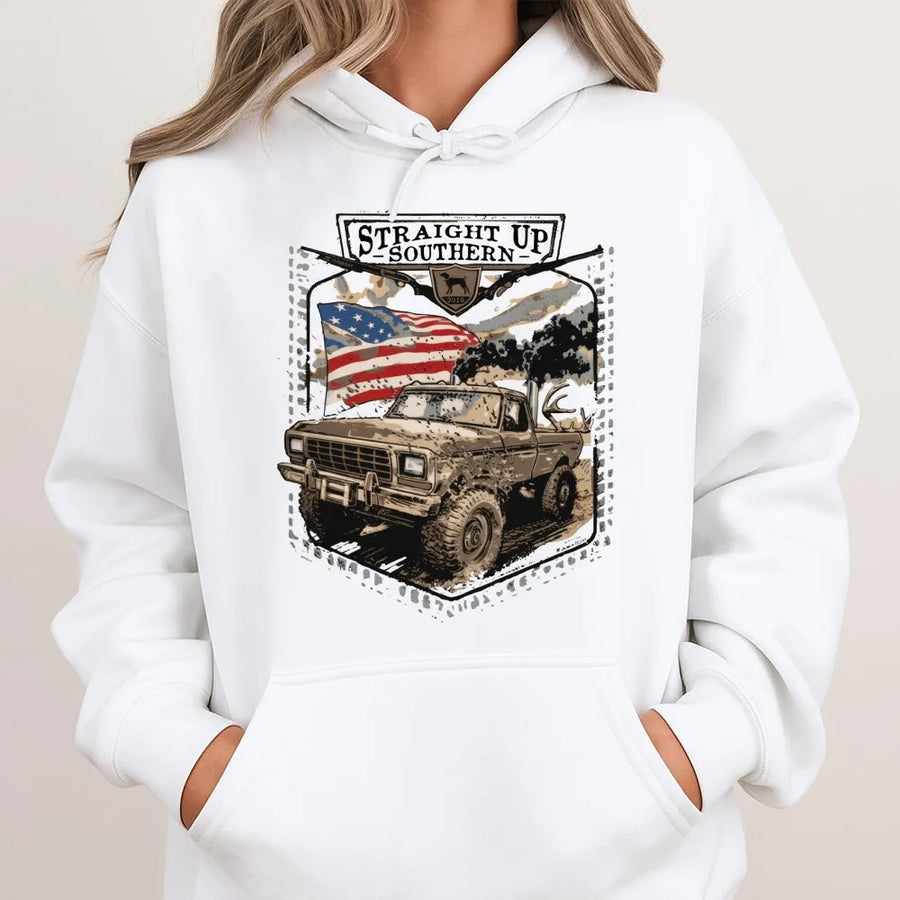 Off-Road Truck Hoodie | Muddy 4x4 American Flag Graphic | Premium Cotton Blend | Southern Lifestyle Gift for Men and Truck Enthusiasts