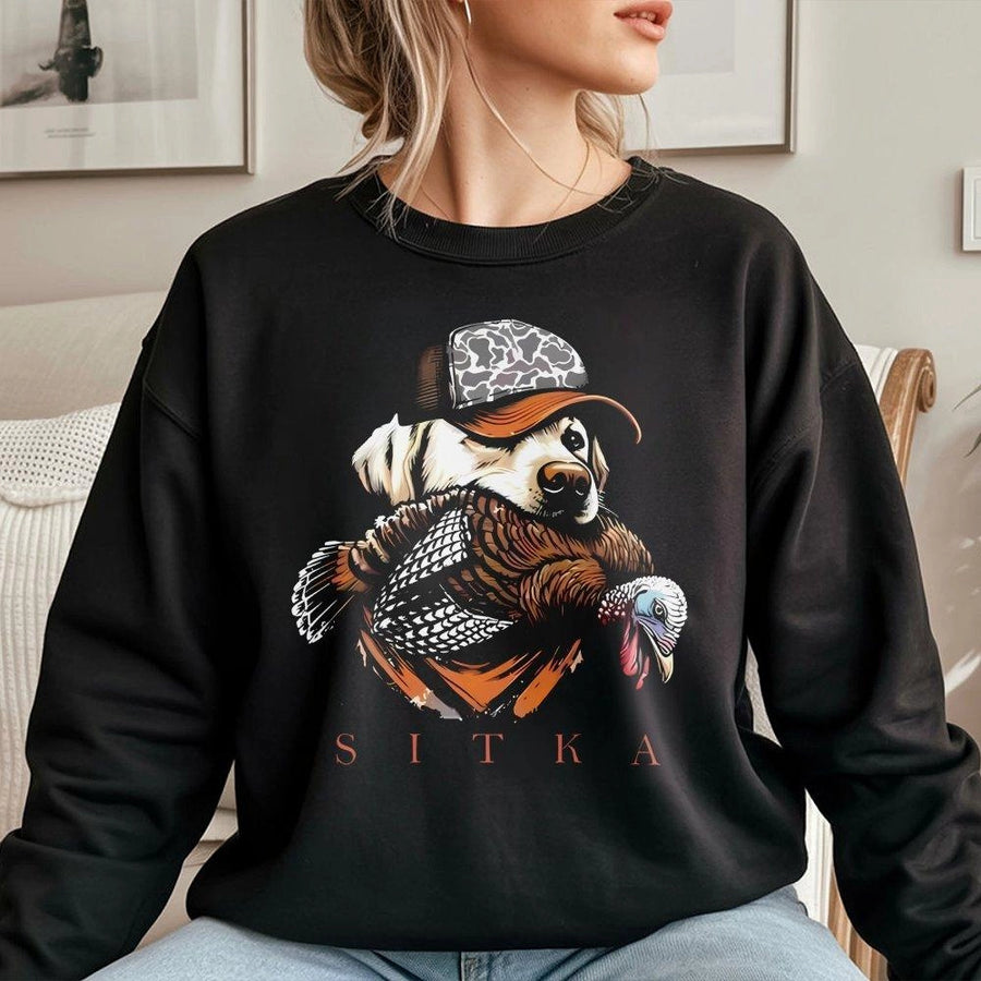 Labrador Retriever Turkey Hunter Sweatshirt | Camo Cap Bird Dog Graphic | Premium Cotton Blend | Gift For Upland Game Hunter
