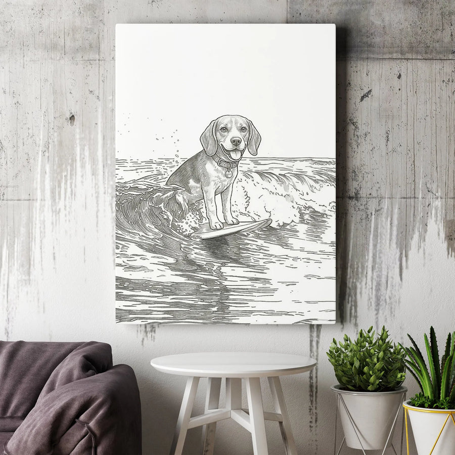 Surfing Beagle Canvas Wall Art | Minimalist Surfer Dog Line Art | Premium Frameless Print | Gift for Dog Lover, Coastal Home Decor