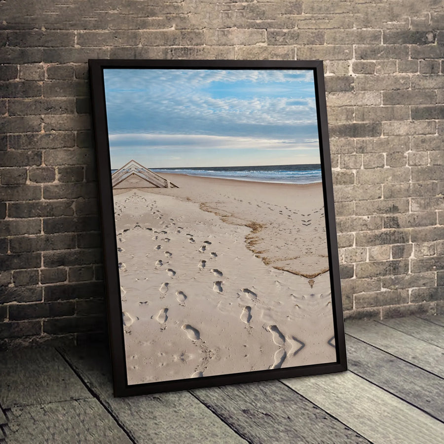 Beach Footprints Canvas Wall Art | Serene Ocean Shore Landscape | Gallery Wrapped Premium Print | Coastal Home Office Decor Gift