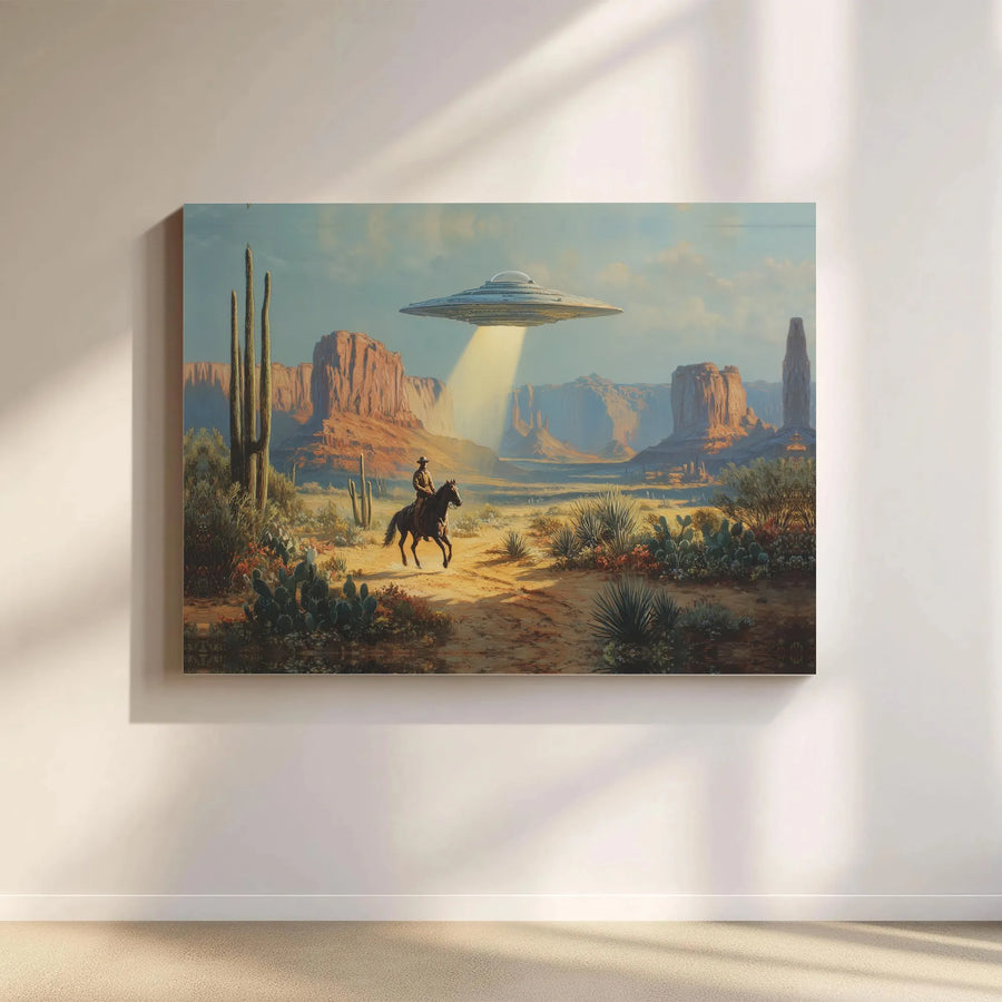 Cowboy UFO Western Wall Art | Alien Abduction Desert Landscape Canvas | Premium Gallery Wrap Print | Unique Sci-Fi Home Decor Gift