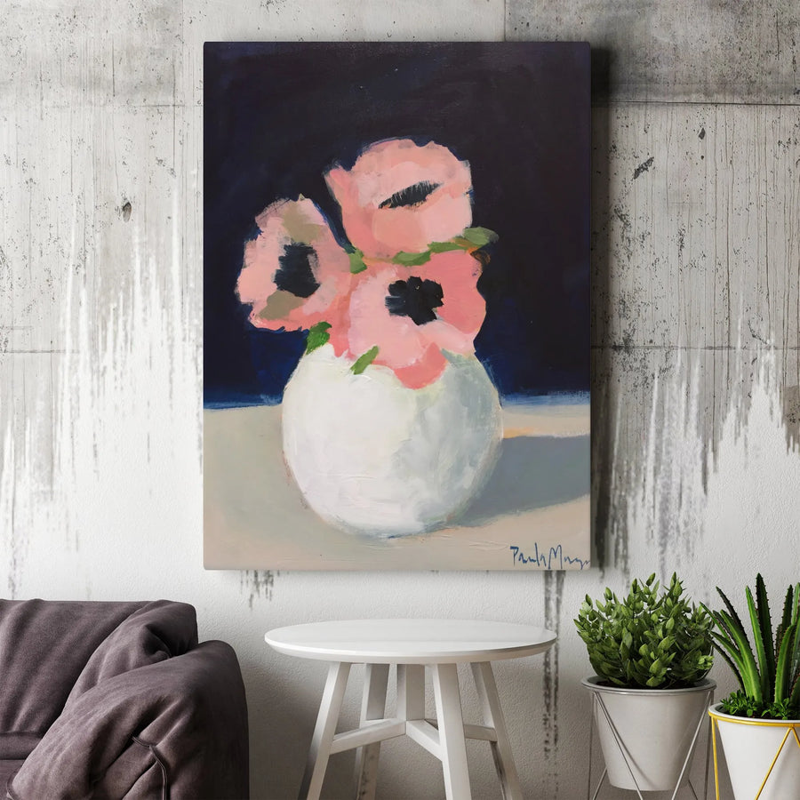 Pink Poppy Painting Vertical Canvas | Modern Painterly Floral Still Life | Premium Thick Gallery Wrapped Print | Living Room Wall Decor Gift