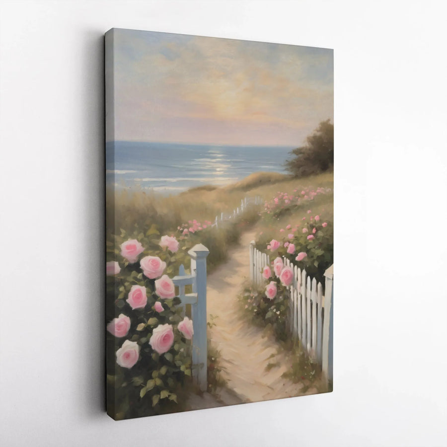 Coastal Rose Garden Canvas Wall Art | Vintage Seascape Path with Pink Roses | Premium Gallery Wrapped Canvas | Beach House Wall Decor Gift