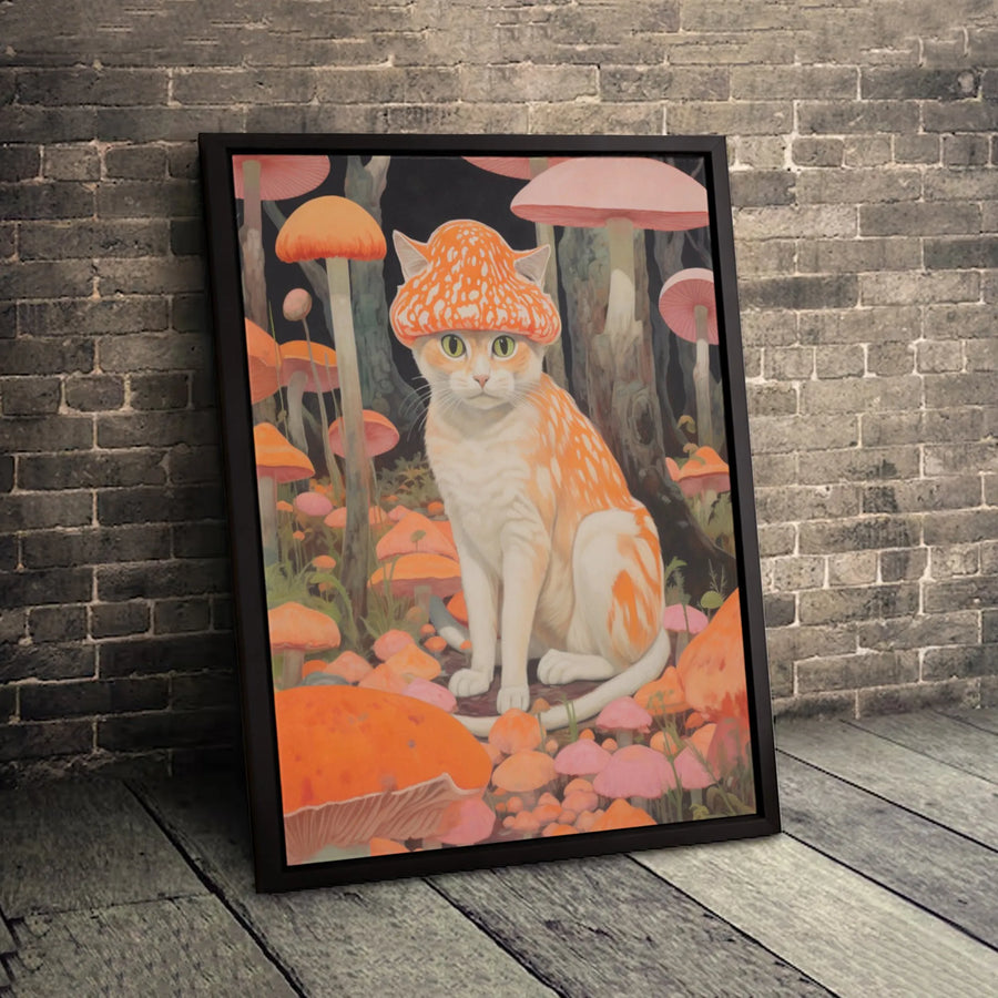 Whimsical Mushroom Cat Canvas Art | Cute Cottagecore Wall Decor | Gallery-Wrapped Premium Print | Nature-Inspired Animal Gift for Cat Lovers