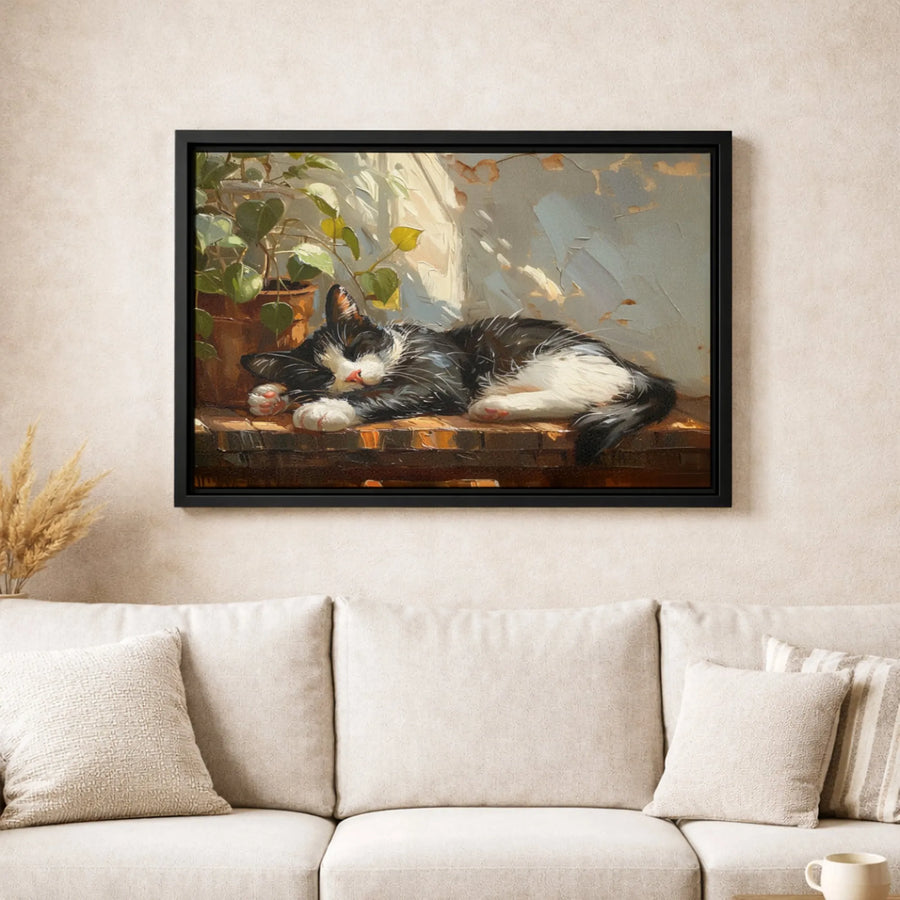 Sleeping Cat Canvas Wall Art | Impressionist Black and White Kitty in Sunlight | Premium 1.25-inch Gallery Wrapped Print | Cat Lover Home Decor Gift