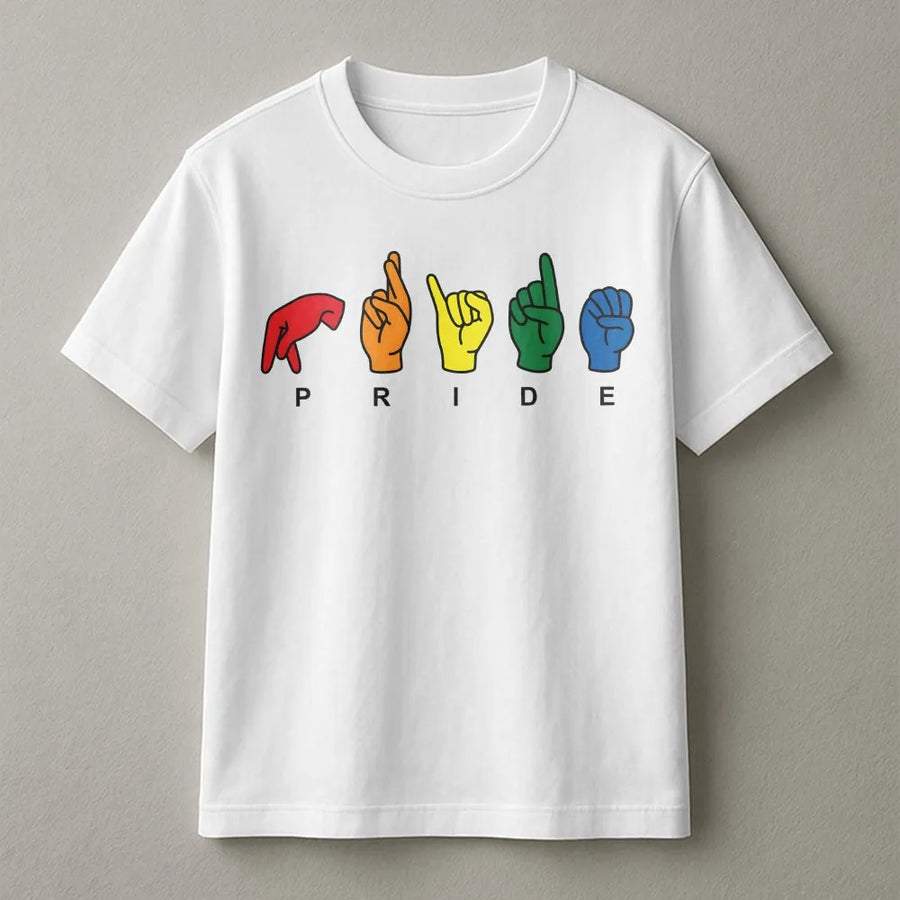 Pride Sign Language T-Shirt | Rainbow ASL Fingerspelling Graphic | Soft Cotton Blend | LGBTQ Ally Gift for Pride Month