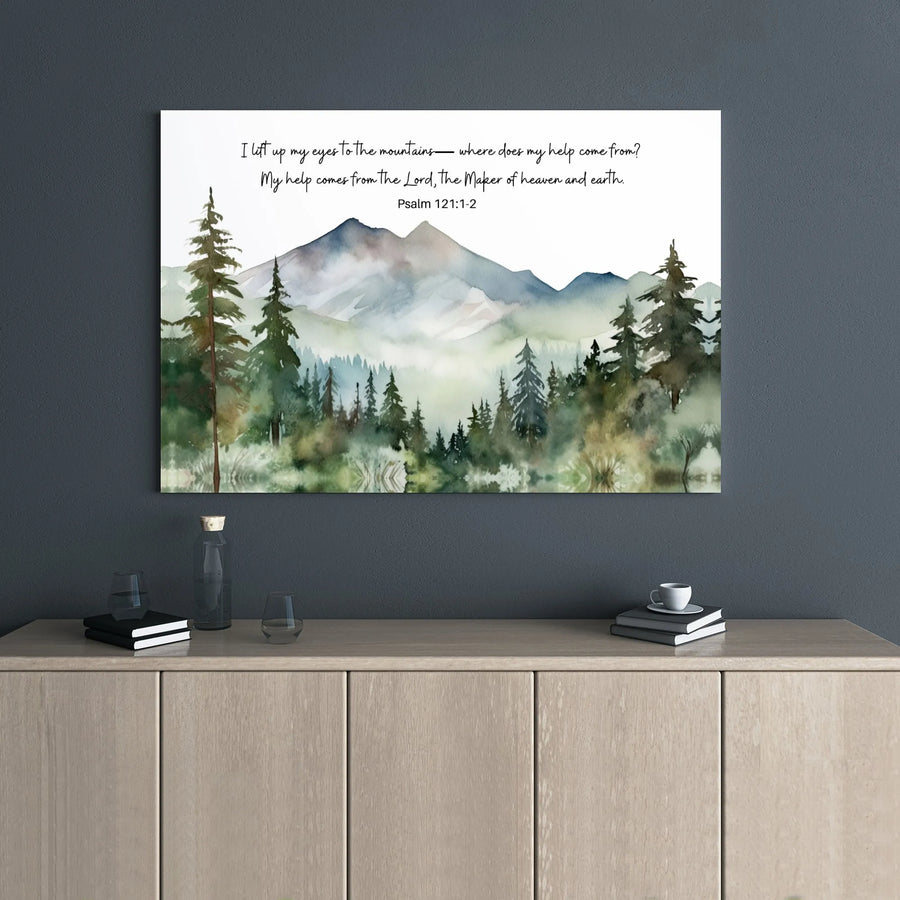 Psalm 121:1-2 Mountain Canvas Art | Watercolor Forest Landscape Print | Premium Gallery Wrap Wall Decor | Christian Home Gift for Believers