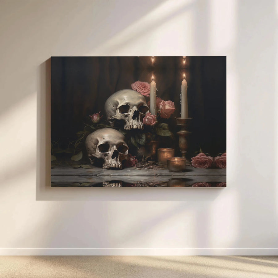 Gothic Skull Canvas Print | Memento Mori Floral Still Life With Candles | Premium Gallery Wrapped Wall Art | Dark Academia Home Decor Gift