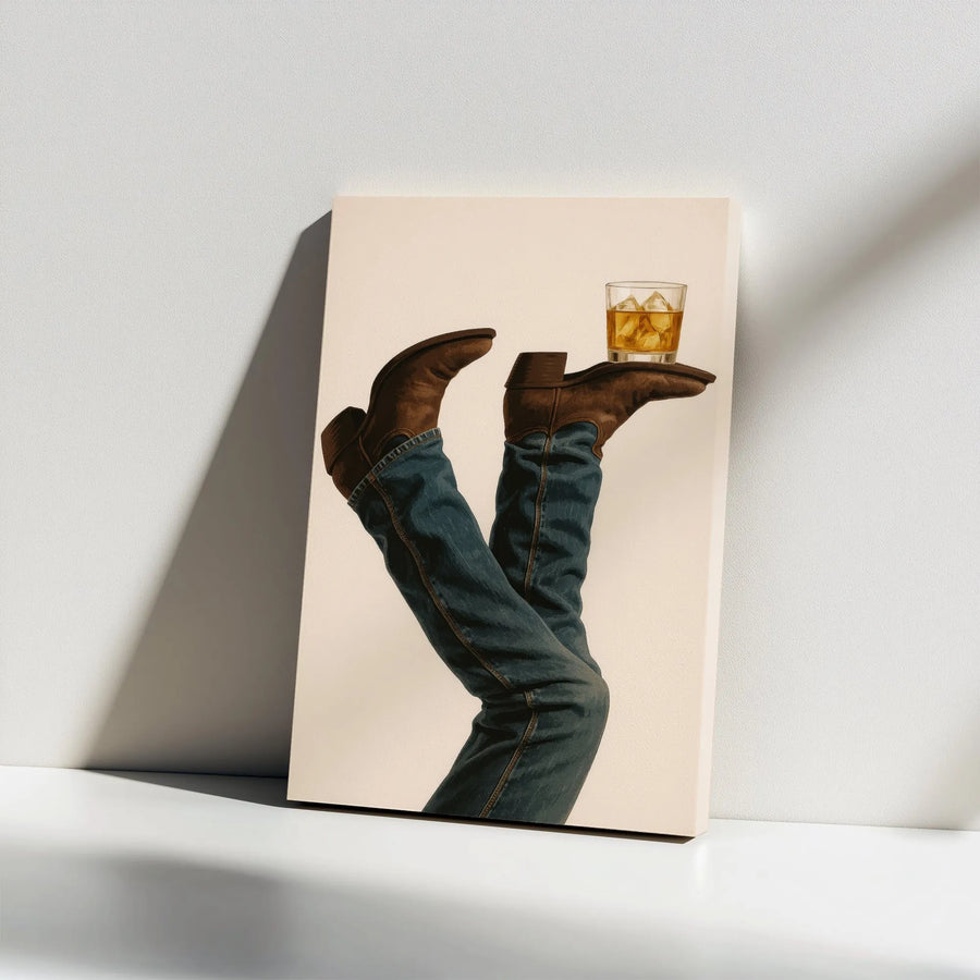 Western Cowboy Boots Whiskey Wall Art | Modern Rustic Home Decor | 1.25-Inch Gallery Wrap Canvas | Unique Gift For Him Or Bar Room Decor