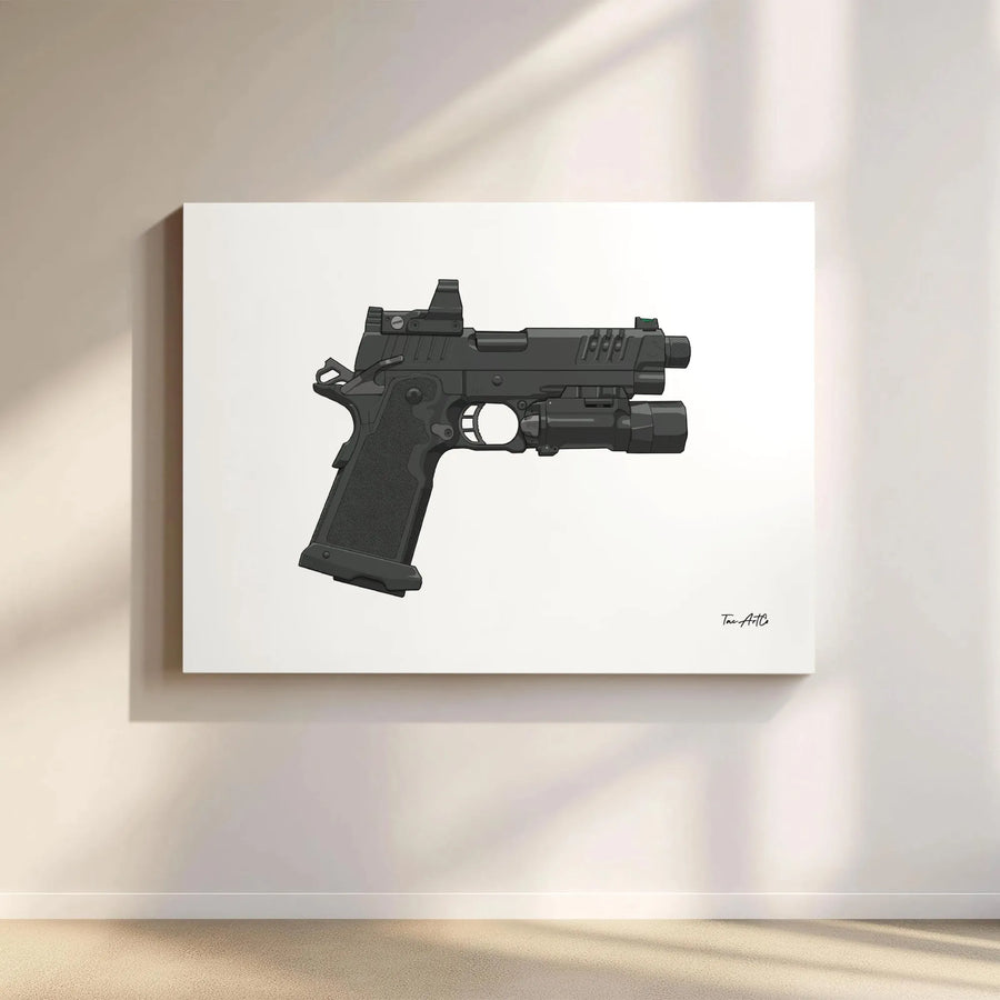 Tactical Pistol Canvas Print | Modern 2011 Handgun with Red Dot & Light | Premium 1.25" Gallery Wrap | Man Cave or Office Wall Art Gift