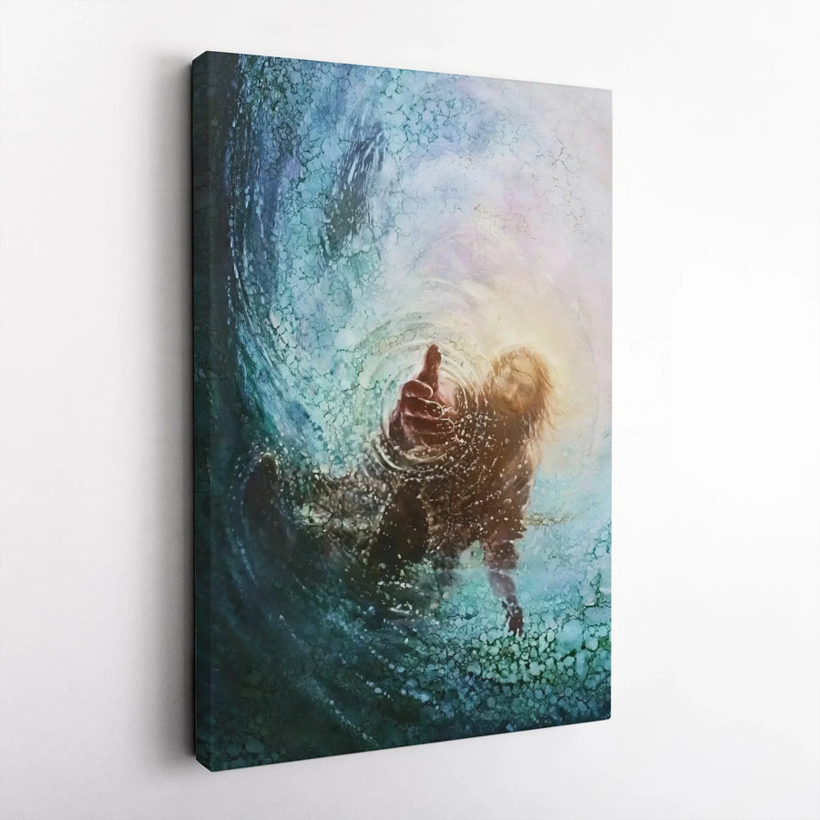 Jesus Reaching Hand Vertical Canvas | Biblical Hand of God Artwork | Premium Gallery Wrapped Canvas | Inspirational Christian Home Decor Gift
