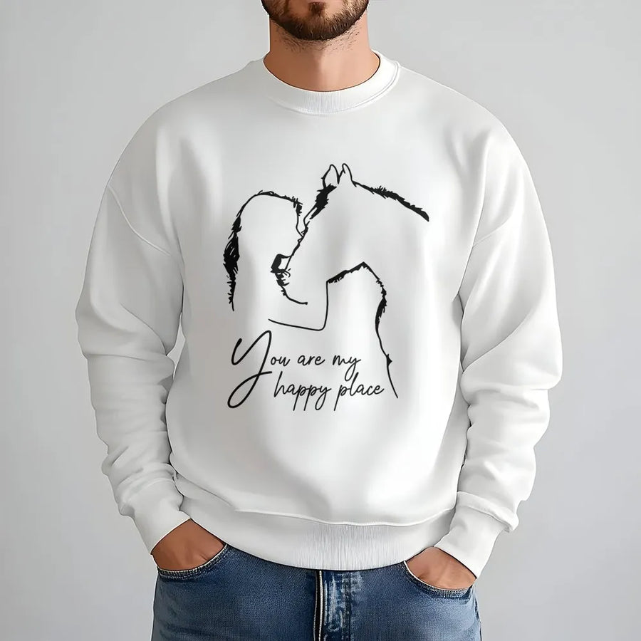 Horse Lover Sweatshirt | You Are My Happy Place Equestrian Design | Premium Cotton Blend Crewneck | Cute Horse Girl Gift for Women and Teens