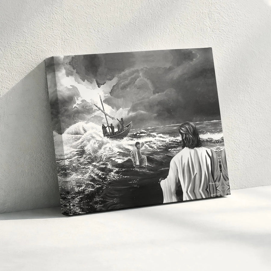 Jesus Walking On Water Canvas | Biblical Storm At Sea Wall Art | Premium Gallery Wrapped Print | Christian Religious Home Decor Gift