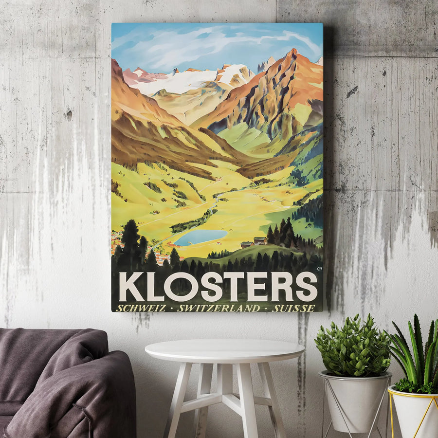 Klosters Switzerland Travel Poster | Swiss Alps Mountain Landscape Art | Gallery-Quality 1.25-Inch Canvas | Premium Home Decor Gift